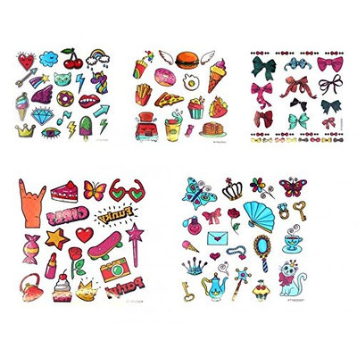 Grashine long last and realistic temp tattoo stickers 5pcs Cartoon tattoos for children fake tattoos in a packages,including ice cream,rose,butterflies,etc.