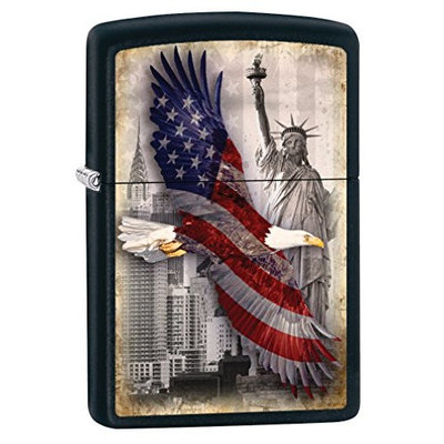 Zippo Custom Lighter: Bald Eagle and New York City - Black Matte 78717