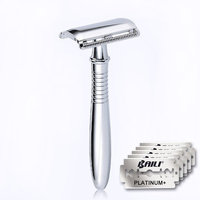 BAILI Wet Shaving Twin-bladed Safety Razor Retro Chrome Long Handle Men's Stainless Shaver with 5 Platinum+ American Blades, BD191