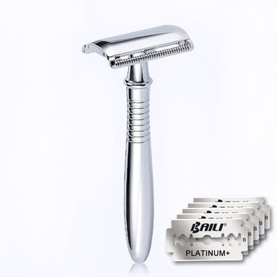 BAILI Wet Shaving Twin-bladed Safety Razor Retro Chrome Long Handle Men's Stainless Shaver with 5 Platinum+ American Blades, BD191