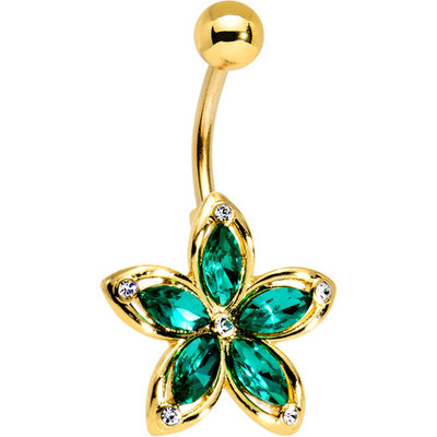 Body Candy Gold PVD Steel Green Accent Holiday Hibiscus Flower Belly Ring