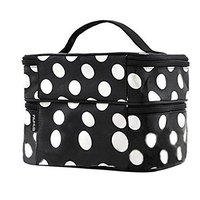 Mintbon Make-up Bag, Dot Pattern Travel Toiletry Cosmetic Makeup Bag Double Layer Cosmetic Hand Bag Travel Makeup Case Portable Brush Bag For Cosmetics Toiletries Home Bathroom(Black)