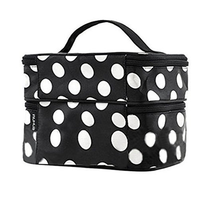 Mintbon Make-up Bag, Dot Pattern Travel Toiletry Cosmetic Makeup Bag Double Layer Cosmetic Hand Bag Travel Makeup Case Portable Brush Bag For Cosmetics Toiletries Home Bathroom(Black)