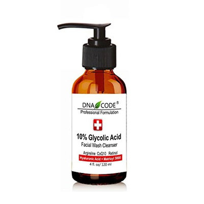 DNA Code-10% Glycolic Acid Facial Wash Cleanser W/ Hyaluronic Acid,Argireline, Matrixyl 3000,CoQ10, Green Tea