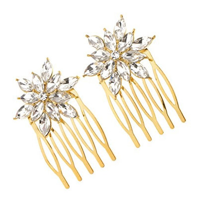 Baoblaze Pack of 2 Bridal Wedding Crystal Rhinestones Hair Comb Bride Women Party Accessory - Gold, 5.2 x 2.7 cm