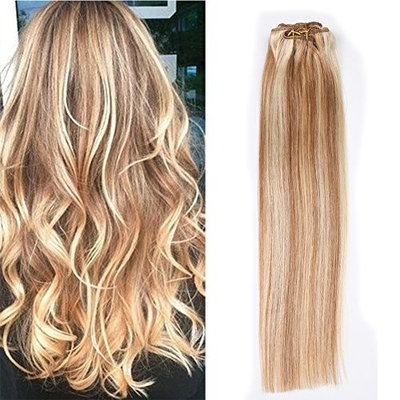 Clip In Hair Extensions Human Hair Silky Straight Full Head Remy Hair Clip On For Fine Hair 70 Gram 7 piece per Set Color #12/613 Yokada Hair. (14 inch,...