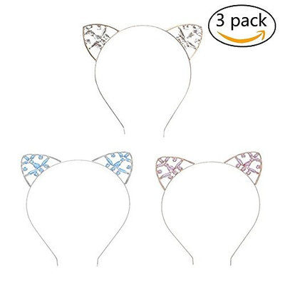 SoEasy 3 Pack Crystal Cat Ears Hair Hoop Headband Set for Women Girls Cats Ears Hairband Headwear Hair Accessories