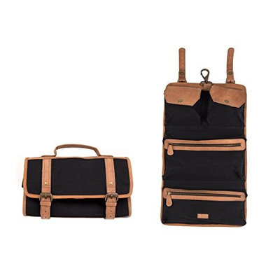 Dwellbee Canvas and Leather Hanging Toiletry Bag (Black Canvas, Tan Cowhide)