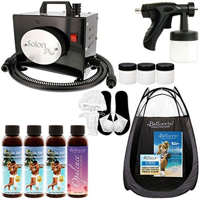 Salon Pro T200-12, 2 Stage Turbine Sunless HVLP Spray Tanning System; Simple Tan 4 Solution Variety Pack, Tent, Accessories and Video Link