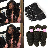 Mink Hair 7A Peruvian Loose Wave Bundles with Frontal (16 18 20+14) Unprocessed Virgin Loose Wave Human Hair Weave Extensions with 13X4 Ear to Ear Free Part Lace Closure Natural Color