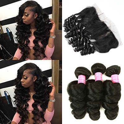 Mink Hair 7A Peruvian Loose Wave Bundles with Frontal (16 18 20+14) Unprocessed Virgin Loose Wave Human Hair Weave Extensions with 13X4 Ear to Ear Free Part Lace Closure Natural Color