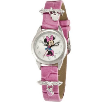 Disney Minnie Mouse Women's Round Imitation Silver and Pink Watch, Faux Leather Strap