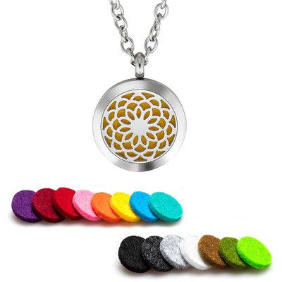 Plant Guru Essential Oil Diffuser Necklace Aromatherapy 25mm Stainless Steel Locket Pendant with 24 Inch Adjustable Chain, 15 Washable Refill Felt Pads. (Sunflower)