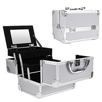 Creine Portable Mini Makeup Train Case, Professional Extendable Aluminum Cosmetic Organizer Box Jewelry Box with Mirror Cover Board and 2 Keys (US STOCK)