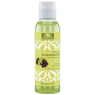 Beauty Aura 100% Pure Grapeseed Oil * Pressed From Best Quality Grapeseeds * Hexane Free * No Synthetic Preservatives, Colors or Fragnances - Refined to Ensure Purity. Tested to Ensure Highest Quality - Made in USA (4 fl oz)