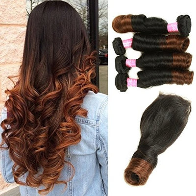 Mink Hair Brazilian Ombre Spring Curl Hair with Closure (20 22 24 24 + 16) Grade 8A Virgin Spring Curly Hair Extension with 4X4 Free Part Lace Closure 100g/bundle Two Tone Ombre Color 1b/4#
