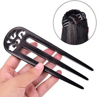 CosCosX 1 Pc Fashion Carved Sandalwood 3-Prong Hair Fork Vintage Style Handmade Hair Stick Chinese Wood Hairpin with Flower Carving,Black