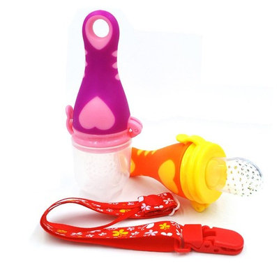 Baby Food Feeder Teether | Fruit Feeding Pacifier (2 Pack) | Silicone Infant Fruit Teething Toy for Girls(Purple / Orange)