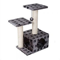Stable Grey Cat Tree With Paw Print Design Ideal Scratch Post For Cats To Play and Hide. Made of Hardboard Covered in Natural Sisal