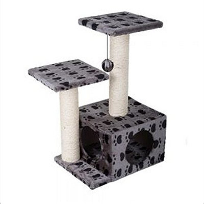 Stable Grey Cat Tree With Paw Print Design Ideal Scratch Post For Cats To Play and Hide. Made of Hardboard Covered in Natural Sisal