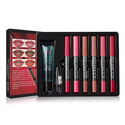 HuntGold 6Pcs Kissproof Matte Long Wearing Lipsticks Pencil Sharpener Makeup Remover Lipstick Set A