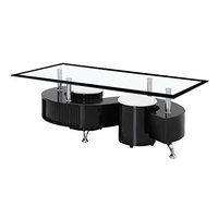 BOULE BLACK HIGH GLOSS COFFEE TABLE WITH BLACK & CLEAR GLASS TOP AND TWO STOOLS
