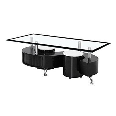 BOULE BLACK HIGH GLOSS COFFEE TABLE WITH BLACK & CLEAR GLASS TOP AND TWO STOOLS