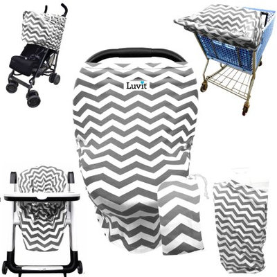 Luvit 5-in-1 Cover for Car Seats, Shopping Carts, High Chairs, Strollers and Nursing Moms in Gray & White Chevron