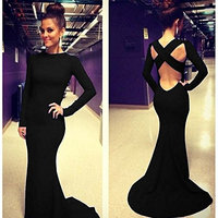 Leshery New Sexy Women Long Sleeve Prom Ball Cocktail Party Dress Formal Evening Gown (black-S)
