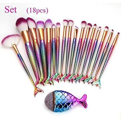 Waymine 18Pcs Mermaid Makeup Brush Set, Synthetic Bristles, Plating Handle, Face Eye Shadow Eyeliner Foundation Blush Lip Makeup Brushes Cosmetics Blending Brush Tool