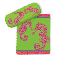 Pink Seahorses on Green Eye Glasses Case and Matching Lens Cloth
