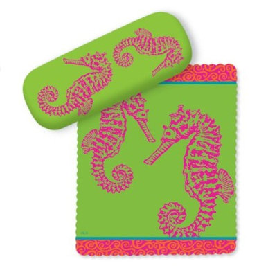 Pink Seahorses on Green Eye Glasses Case and Matching Lens Cloth