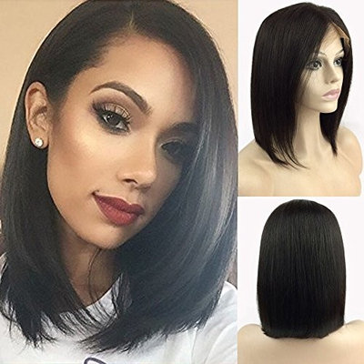 S-noilite 100% Brazilian Remy Human Hair Wig Glueless Lace Front Bob Wigs Medium Short Straight Pre Plucked Natural Hairline with Baby Hair for Women 130% Density(1B Black,10inch,Side Part)