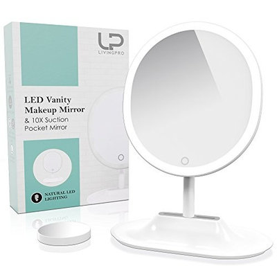 LivingPro Vanity Makeup Mirror with Upgraded Anti-Glare LED Lighting Controlled by Dimmable Touch Screen Sensor with 10X Spot Mirror for Details