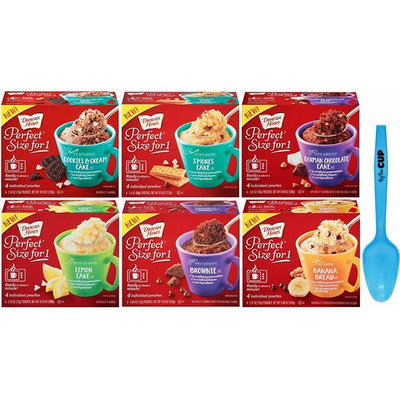 Duncan Hines Perfect Size for 1 Variety Pack - 1 box each of Cookies & Cream, Smores Cake, German Chocolate, Lemon Cake, Brownie, Banana Bread - with Limited Edition By The Cup Spoon