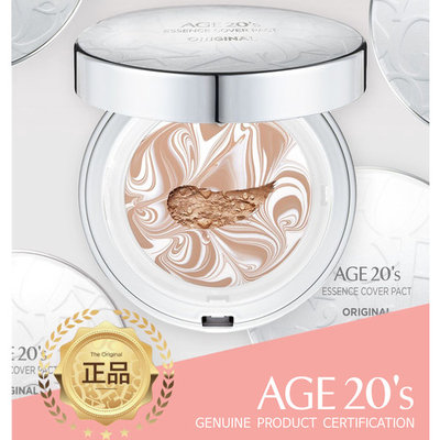 Age 20's Compact Foundation Premium Makeup, Case + 1 Refill - Pink Latte Essence Cover Pact SPF50+ (Made in Korea) - White/Nude Beige (Color 21)