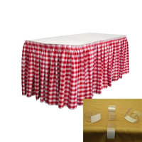 LA Linen SKTcheck17x29-10Lclips-RedK98 Polyester Gingham Checkered Table Skirt with 10 L-Clips White & Red - 17 ft. x 29 in.