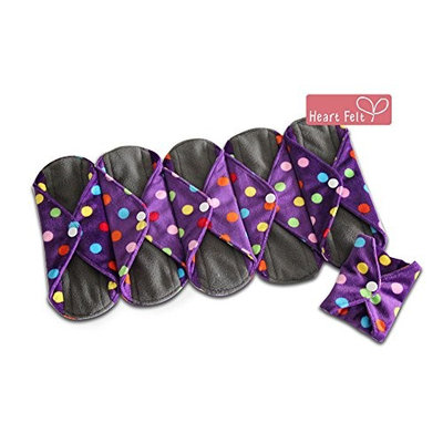 Sanitary Reusable Cloth Menstrual Pads by Heart Felt | 5 Pack Washable Sanitary Napkins with Charcoal Absobancy Layer - Overnight Long Panty Liners for Comfort and Support