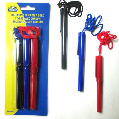 Atb 3 Ballpoint Pens On A Cord Necklace Lanyard Assorted Red Blue Black Ink Color!