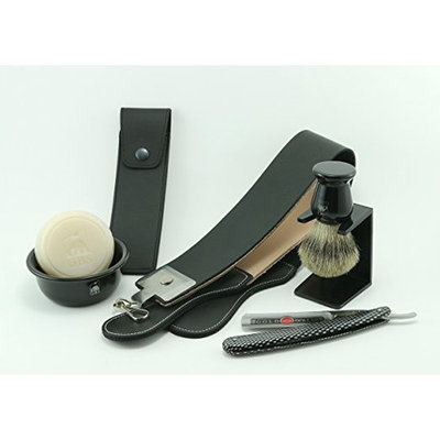 GBS Shaving Set - Comes in Gift Box - Gold Dollar Straight Razor Checkered Handle, Gbs Bowl, 100% Pure Badger Brush, Brush Stand, Ocean Driftwood Shaving Soap, Leather Case, 20