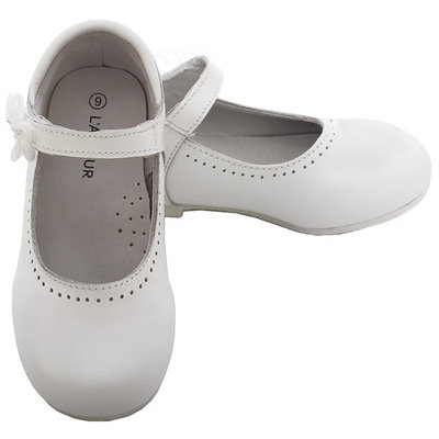 L'Amour White Leather Flower Mary Jane Velcro Shoe Little Girl 11-4