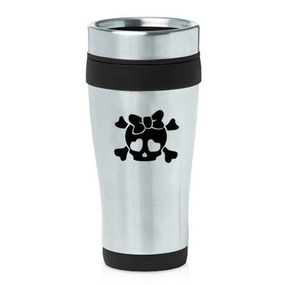 16oz Insulated Stainless Steel Travel Mug Heart Skull Bow (Black )