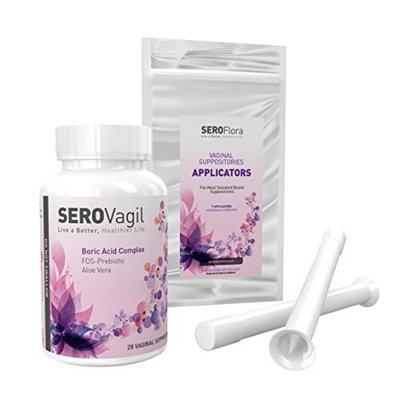 SEROVagil Boric Acid Suppositories 800mg, 28 Suppositories, 7 Applicators with FOS-Prebiotic (Probiotic Enhancer) & Aloe Vera - pH Balance for Women - Made in USA