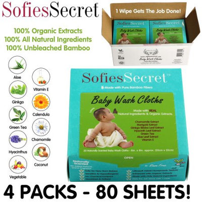 Moist Towel Services SofiesSecret Fragrance FREE Bamboo Baby Wipes, 100% Organic Ingredients, 80 Count, 8