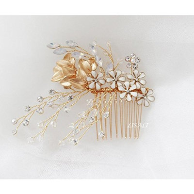 LISALI Wedding Hair Comb, Crystal Headpiece, Leaf Hair Comb, Gold bridal Vine Bridal Hair Comb