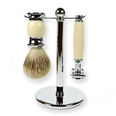 3 Piece Kaliandee Shaving Set with Silvertip Brush in Chrome and Ivory, Fiore Razor, and Chrome Stand