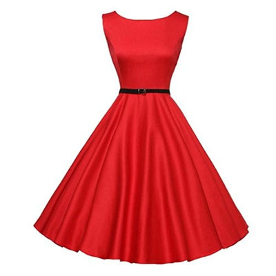 GBSELL Women's Sleeveless Vintage Swing Dress with Belt (L, Red)