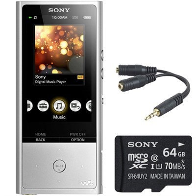 Sony 128GB Hi-Res Audio Player Silver w/ 64GB Micro SD Card, headphone Splitter