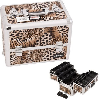 10.5 inch Brown Leopard Texture Interchangeable E Series 6 Extendable Customize Trays Aluminum Professional Makeup Artist Travel Train Case Cosmetics Holder Storage Tote Organizer w/Shoulder Strap