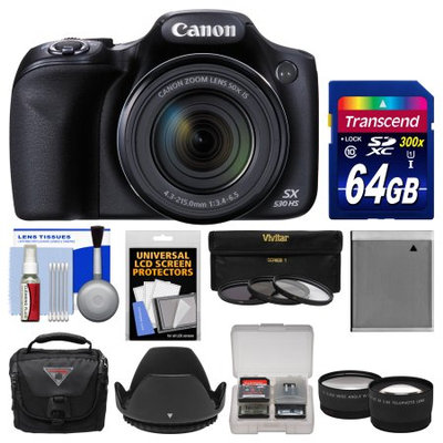 Canon PowerShot SX530 HS Wi-Fi Digital Camera with 64GB Card + Case + Battery + Tripod + 3 Filters + Tele/Wide Lens Kit